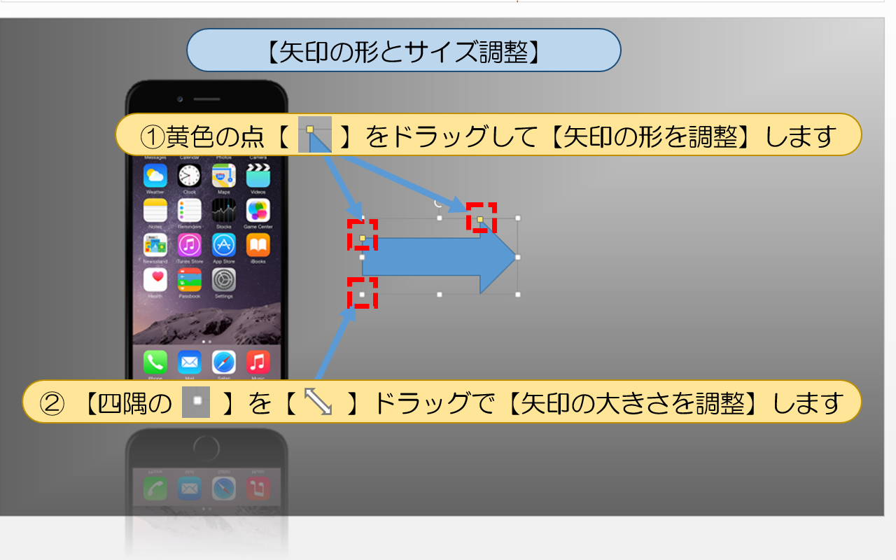 【矢印の形とサイズ調整】の学習